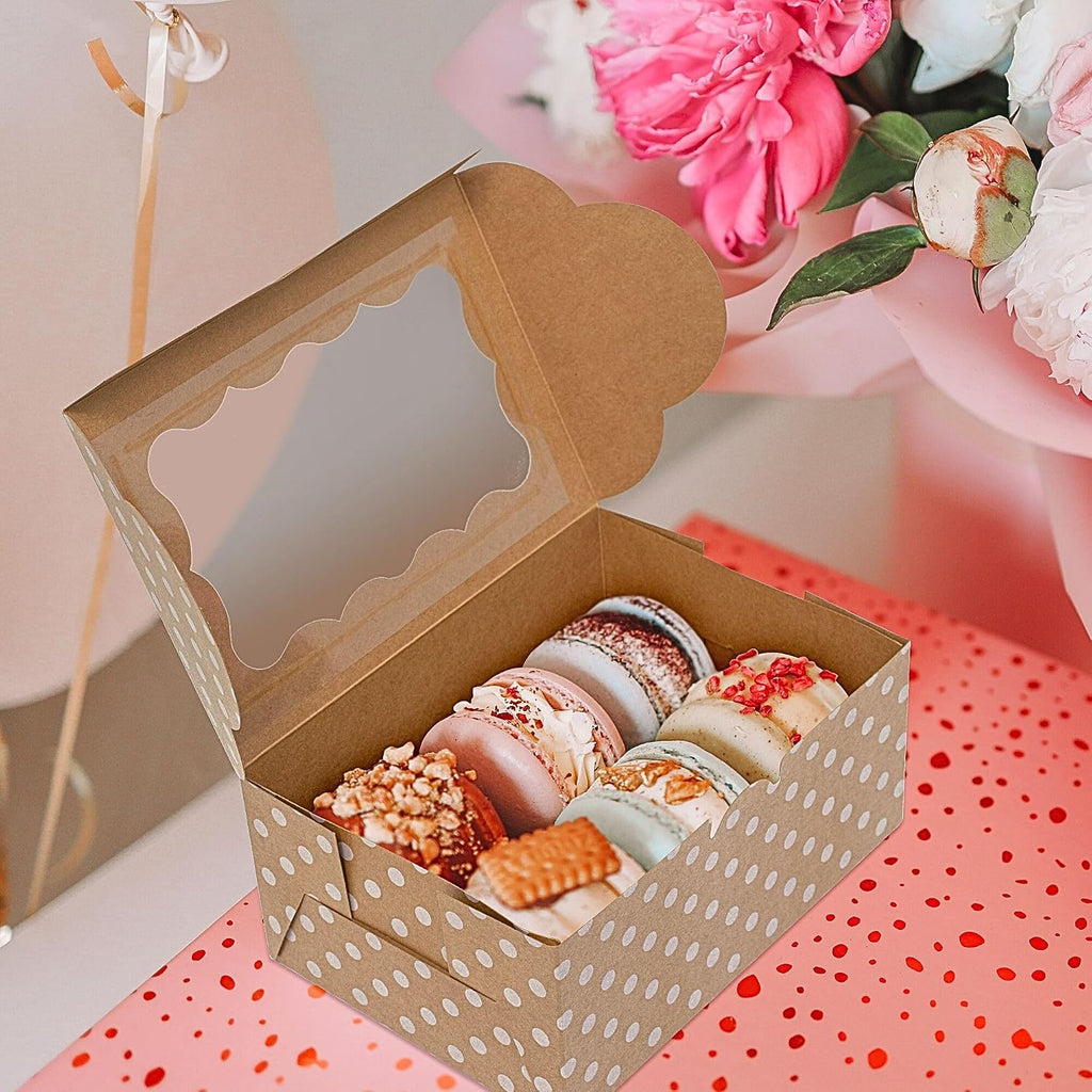 Polka Dot Cookie Boxes - 12 Pack - Brown Bakery Gift Box with Window
