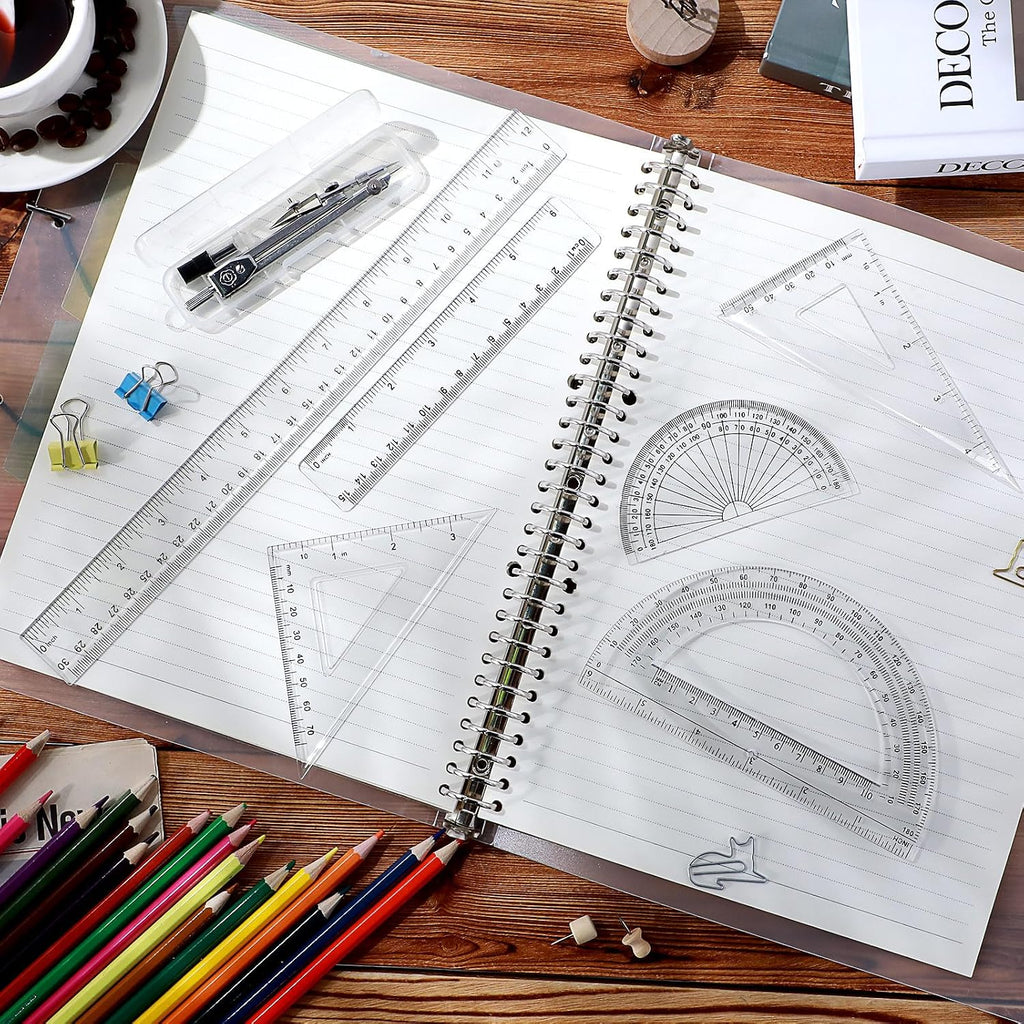 7‑Piece Geometry Set with Drawing Compass, 6 & 4 Inch Protractors, Triangle Rulers and Straight Rulers, Transparent