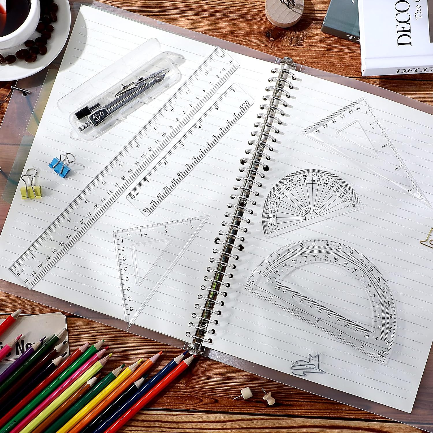 7‑Piece Geometry Set with Drawing Compass, 6 & 4 Inch Protractors, Triangle Rulers and Straight Rulers, Transparent