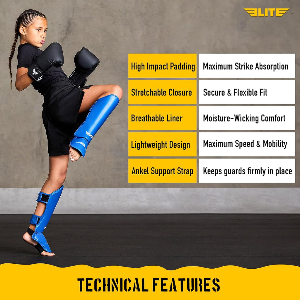 Muay Thai MMA Kickboxing Boys and Girls Shin Guards for Age 4 to 14 Years, Instep Guard Sparring Protective Leg Shin