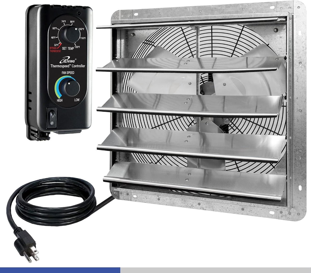iLIVING 20" Wall Mounted Shutter Exhaust Fan, Automatic Shutter, with Thermostat and Variable Speed controller, 2.2A, 3368 CFM, 5000 SQF Coverage Area Silver (ILG8SF20V-ST)
