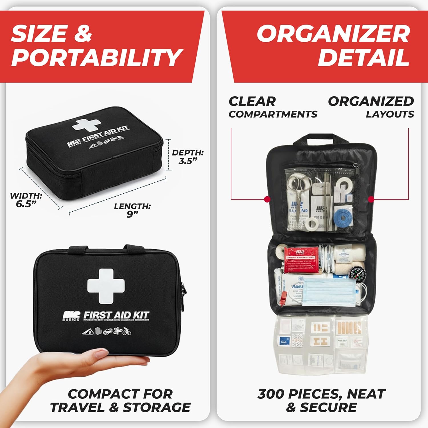 300 Piece Premium First Aid Kit w/Durable Bag for Home, Business | Office, Workplace, Car, Garage, Kitchen, Family
