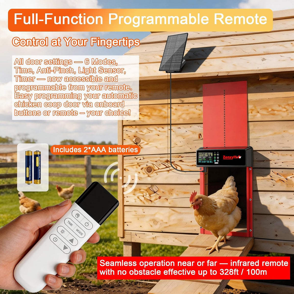 Solar Automatic Chicken Coop Door, Programmable Remote with 6 Modes (Red)