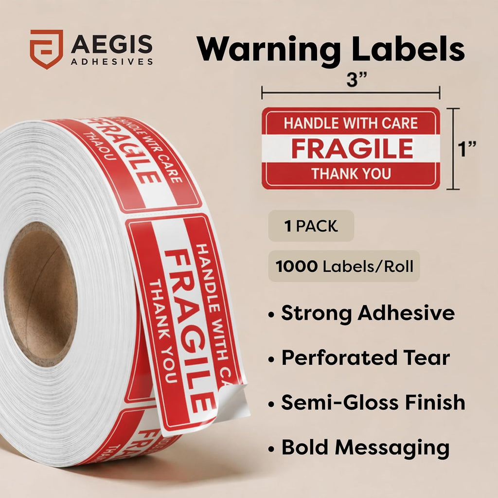 1" X 3" Fragile Stickers for Shipping (1000 Labels, 1 Roll)