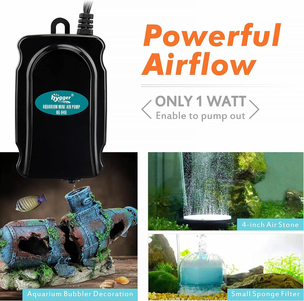 Mini Aquarium Air Pump Kit Small Fish Tank Air Pump 1W for 2-20 Gallon Fish Bowl with Air Tube Air Bubbler Stone