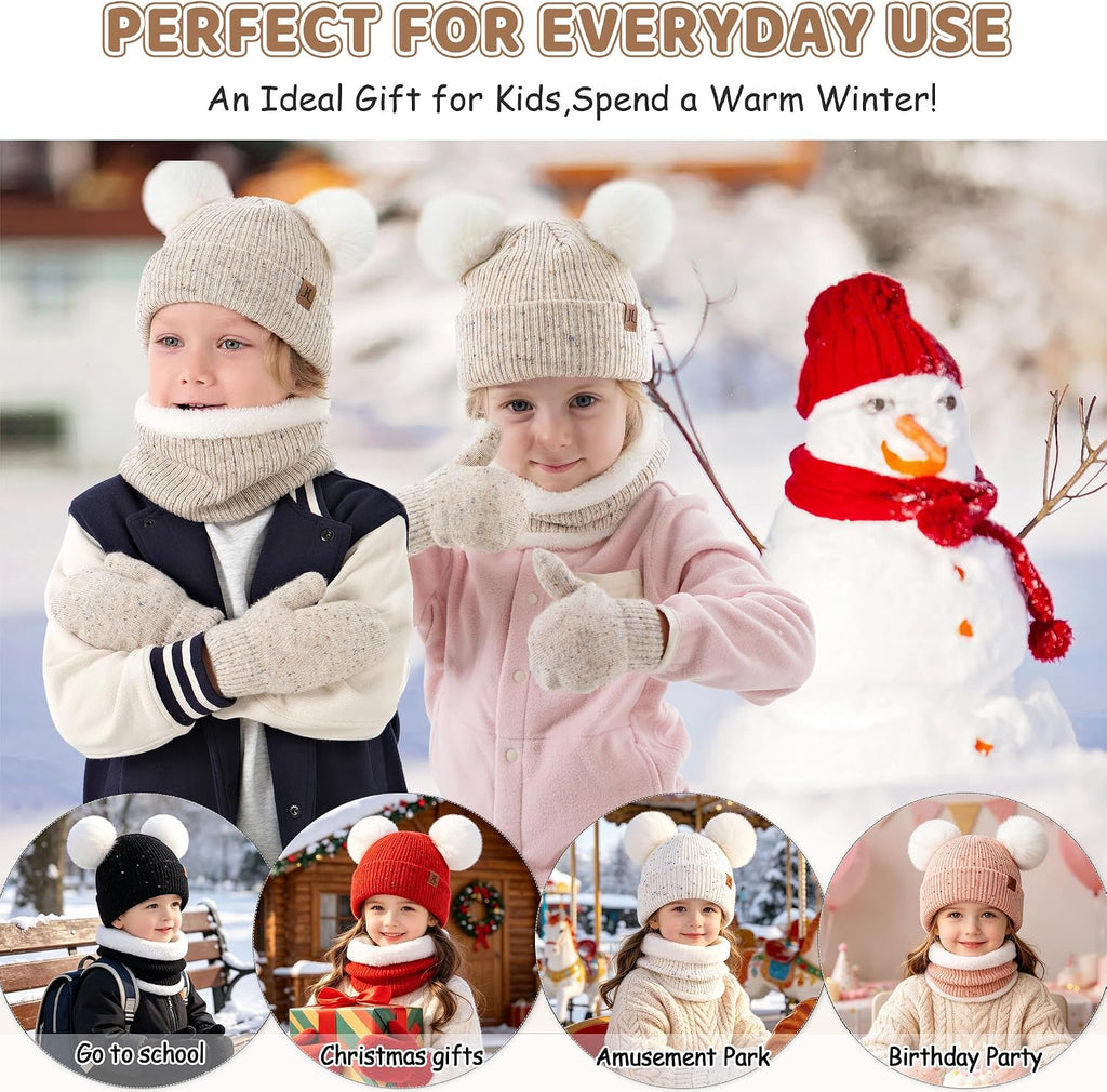 Kid Toddler Winter Beanie Hat Gloves Scarf for 0-4Y Girls | Pompoms Knit Thermal Warm Mittens for 0-6 6-12 12-18