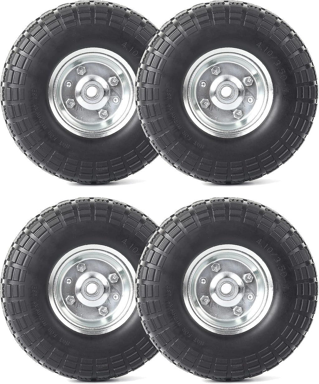 (4-Pack) 10-Inch Solid Rubber Tire Wheels - Replacement 4.10/3.50-4" Flat Free Tire with 5/8" Bearings, 2.2" Offset