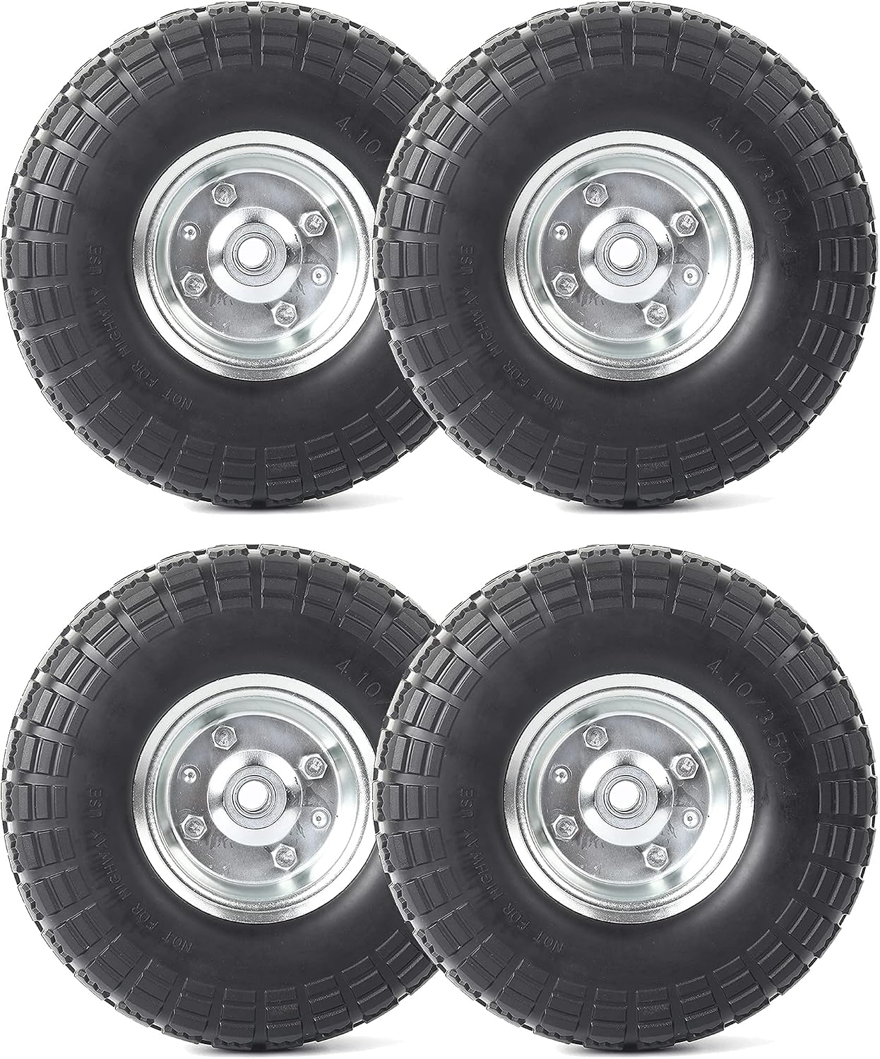 (4-Pack) 10-Inch Solid Rubber Tire Wheels - Replacement 4.10/3.50-4" Flat Free Tire with 5/8" Bearings, 2.2" Offset