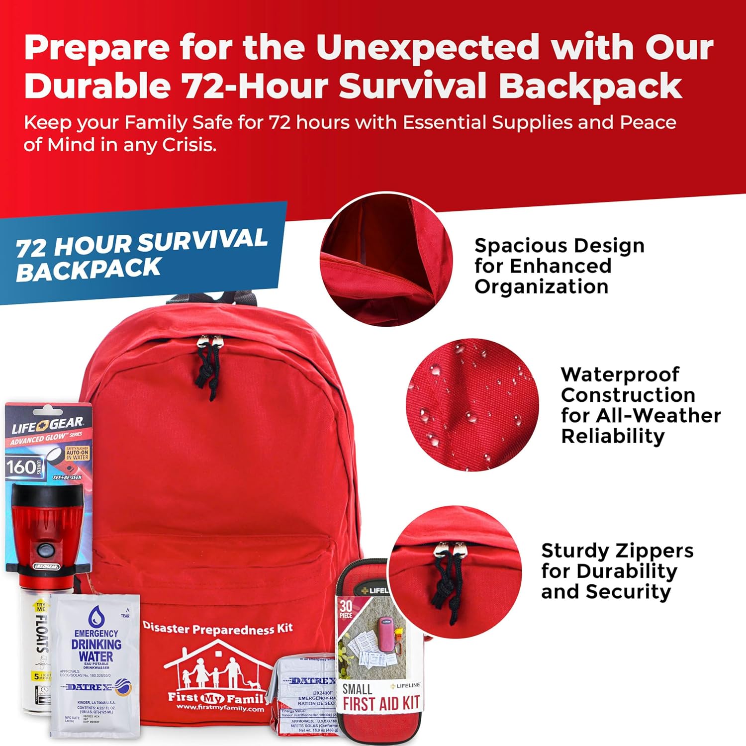 First My Family All-in-One Premium 1-Person, 72-Hour Bug Out Bag for Earthquakes, floods, tsunamis and Other