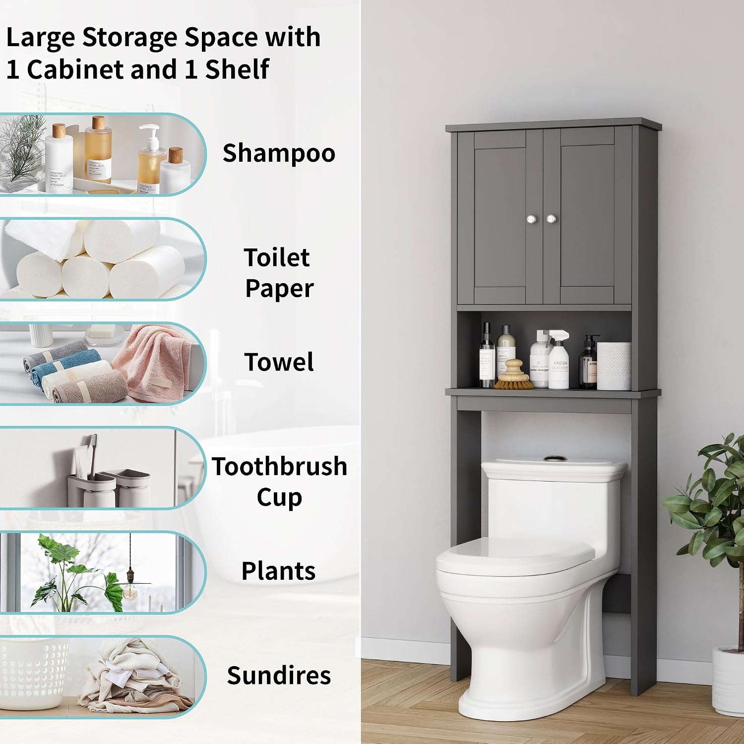 Over the Toilet Storage Cabinet, Bathroom Shelf Organizer with Anti-Tip Device Small Freestanding Space Saver with