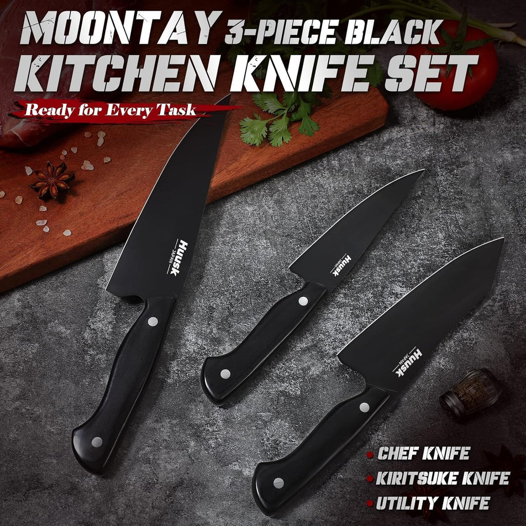Japanese Chef Knife Set for Kitchen - 3 pcs Black Kitchen Knife Set