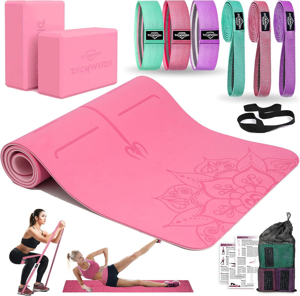 Yoga Mat Thick, 6 Fabric Resistance Bands, 2 Pack Yoga Blocks, Home Workout Equipment Essentials Starter Kit for