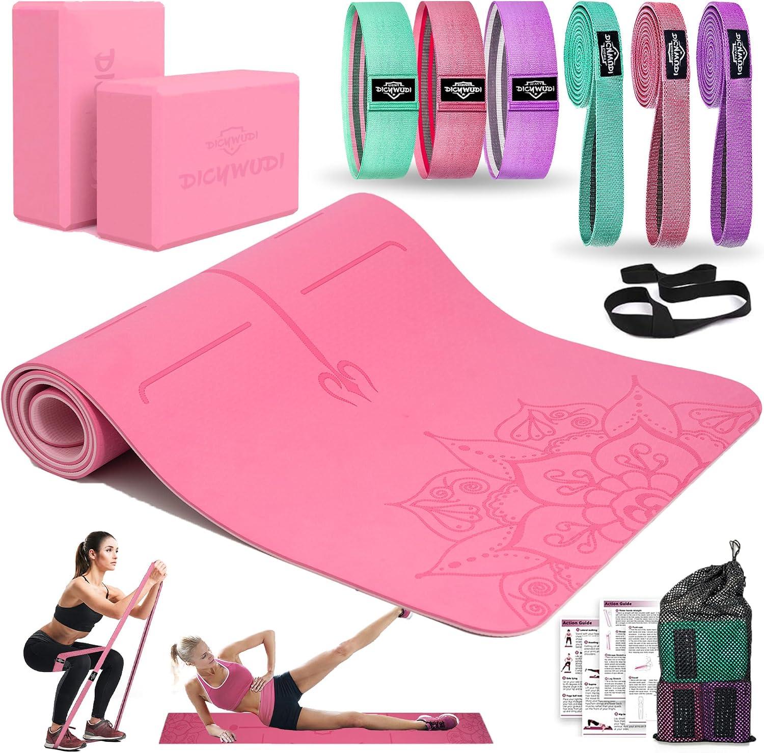 Yoga Mat Thick, 6 Fabric Resistance Bands, 2 Pack Yoga Blocks, Home Workout Equipment Essentials Starter Kit for