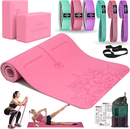 Yoga Mat Thick, 6 Fabric Resistance Bands, 2 Pack Yoga Blocks, Home Workout Equipment Essentials Starter Kit for