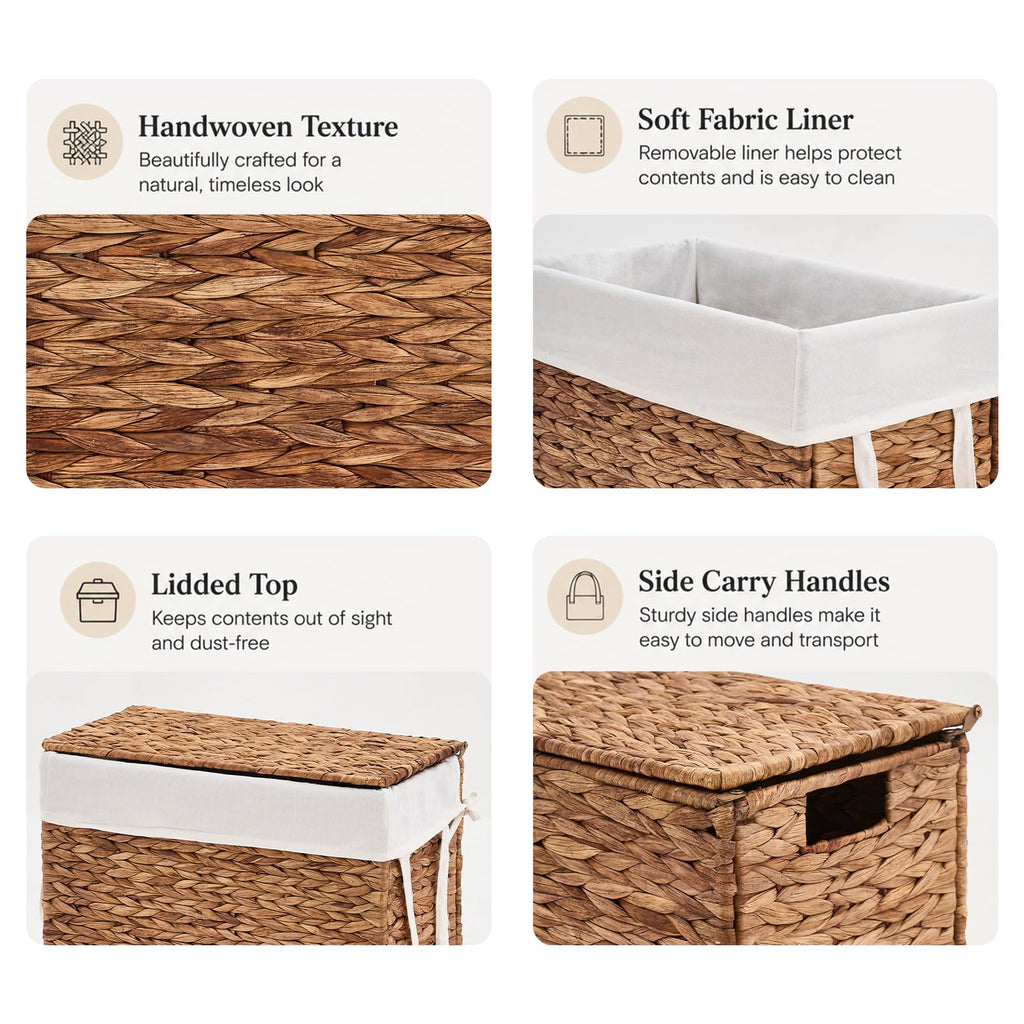 Slim Laundry Hamper with Lid, Handwoven Natural Water Hyacinth Basket