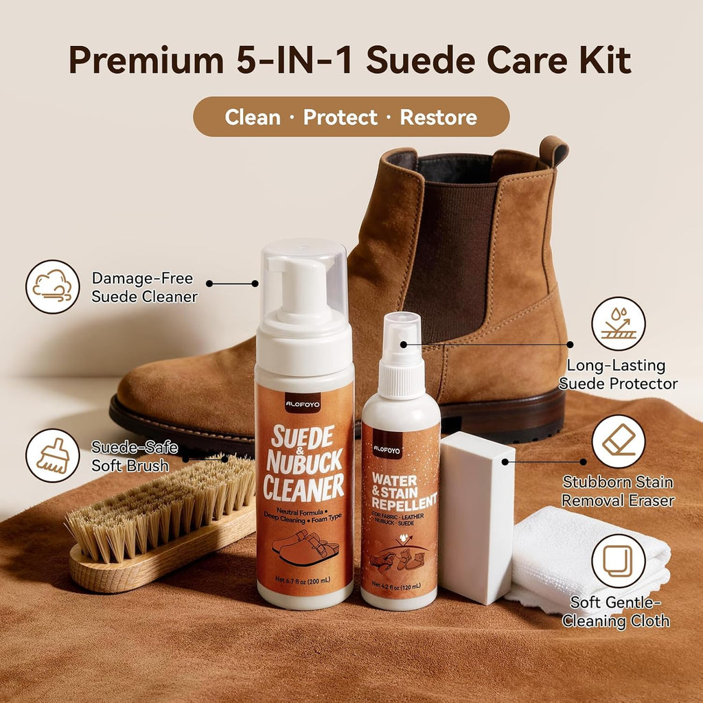 Suede and Nubuck Shoe Cleaner Kit, 5-in-1 Cleaning and Protector Spray with Suede Brush & Eraser, Cloth, Safely
