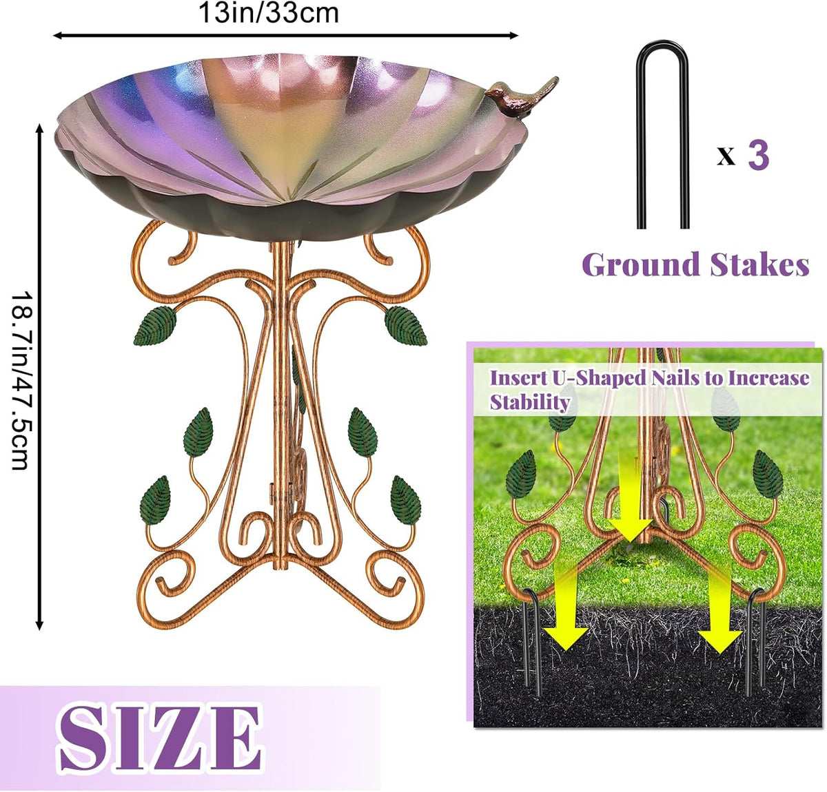 Metal Bird Bath for Outside, Birdbaths Bowl with Cast Iron Pedestal