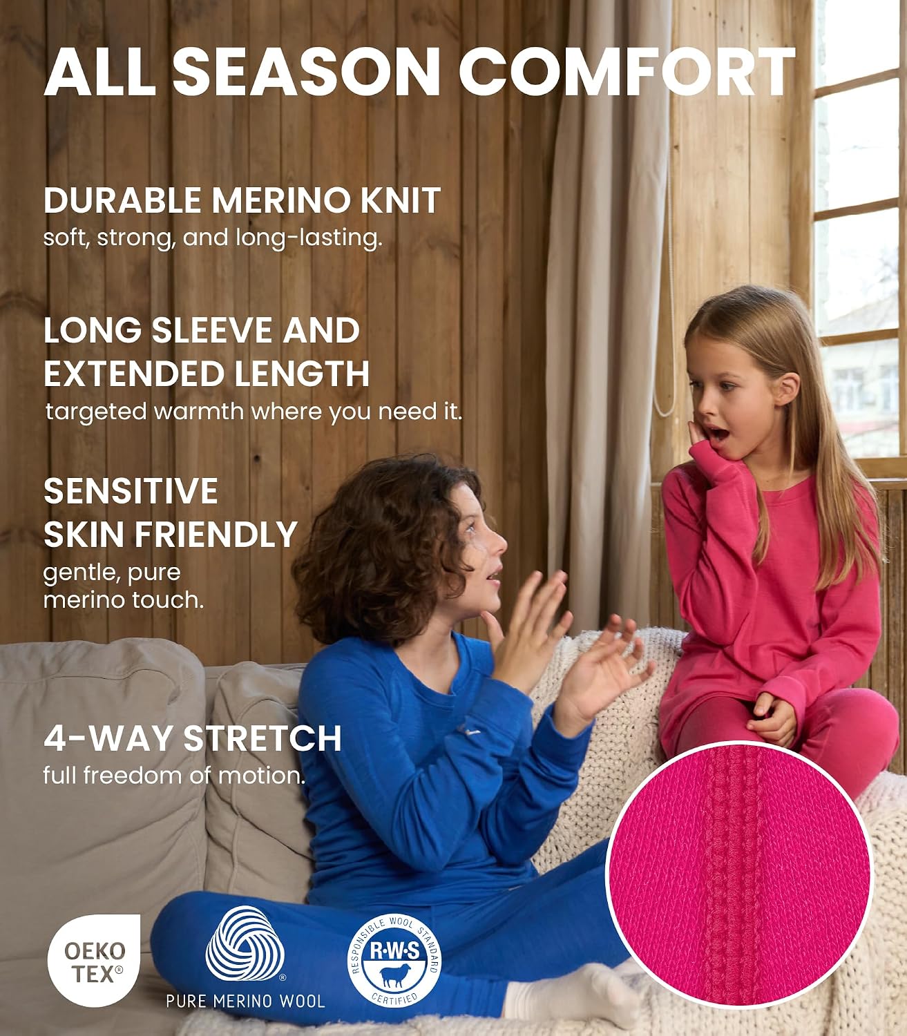 100% Merino Wool Base Layer Kids Set - Midweight Unisex Thermal Underwear | Soft, Non-Itchy Kids / Toddler Clothes