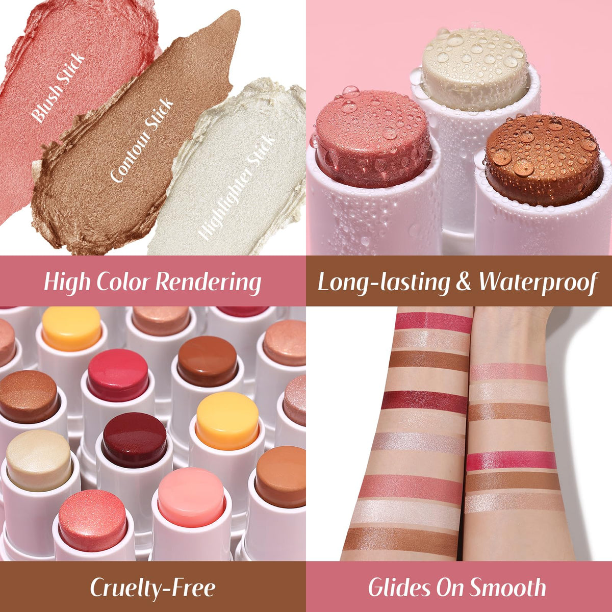 Face Sticks Trio, Blush, Highlighter & Contour Stick for Face Makeup