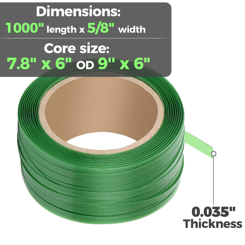 Heavy Duty Packaging Strapping Banding Roll - Green Polyester PET Industrial-Grade, 1000' x 5/8" x 0.035" Pallet