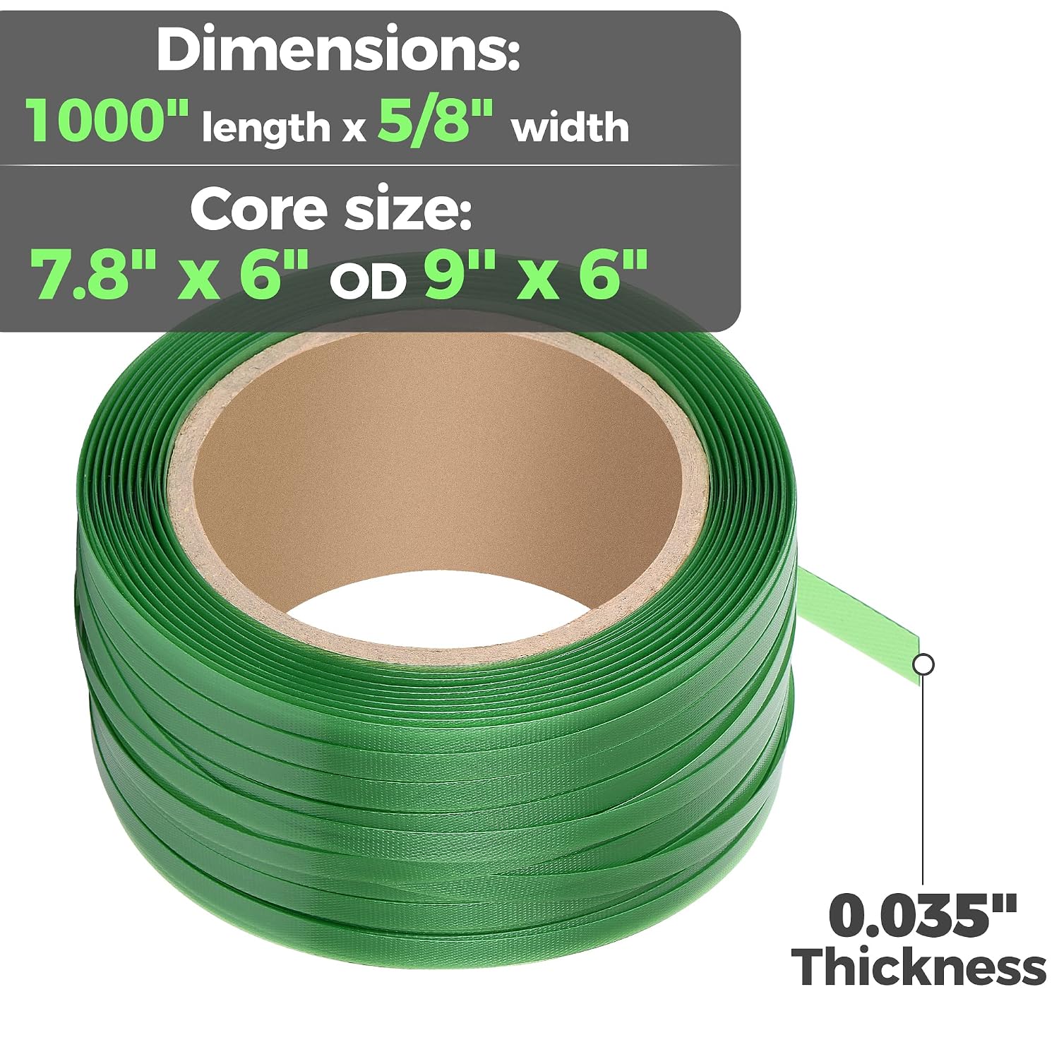 Heavy Duty Packaging Strapping Banding Roll - Green Polyester PET Industrial-Grade, 1000' x 5/8" x 0.035" Pallet