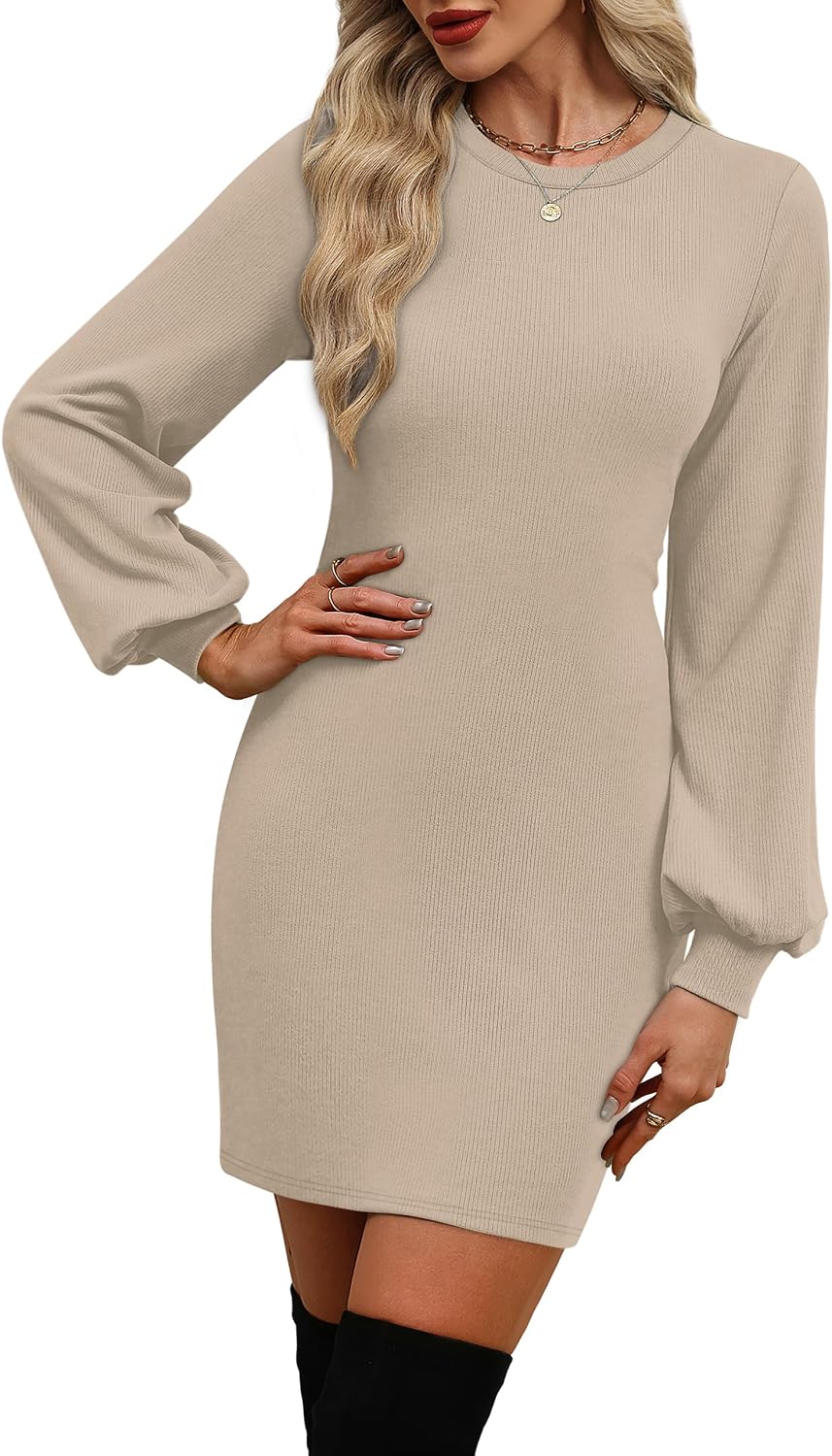 Sweater Dresses for Women 2025 Fall Winter Puff Long Sleeve Crewneck Bodycon Fleece Ribbed Pullover Fashion Clothing