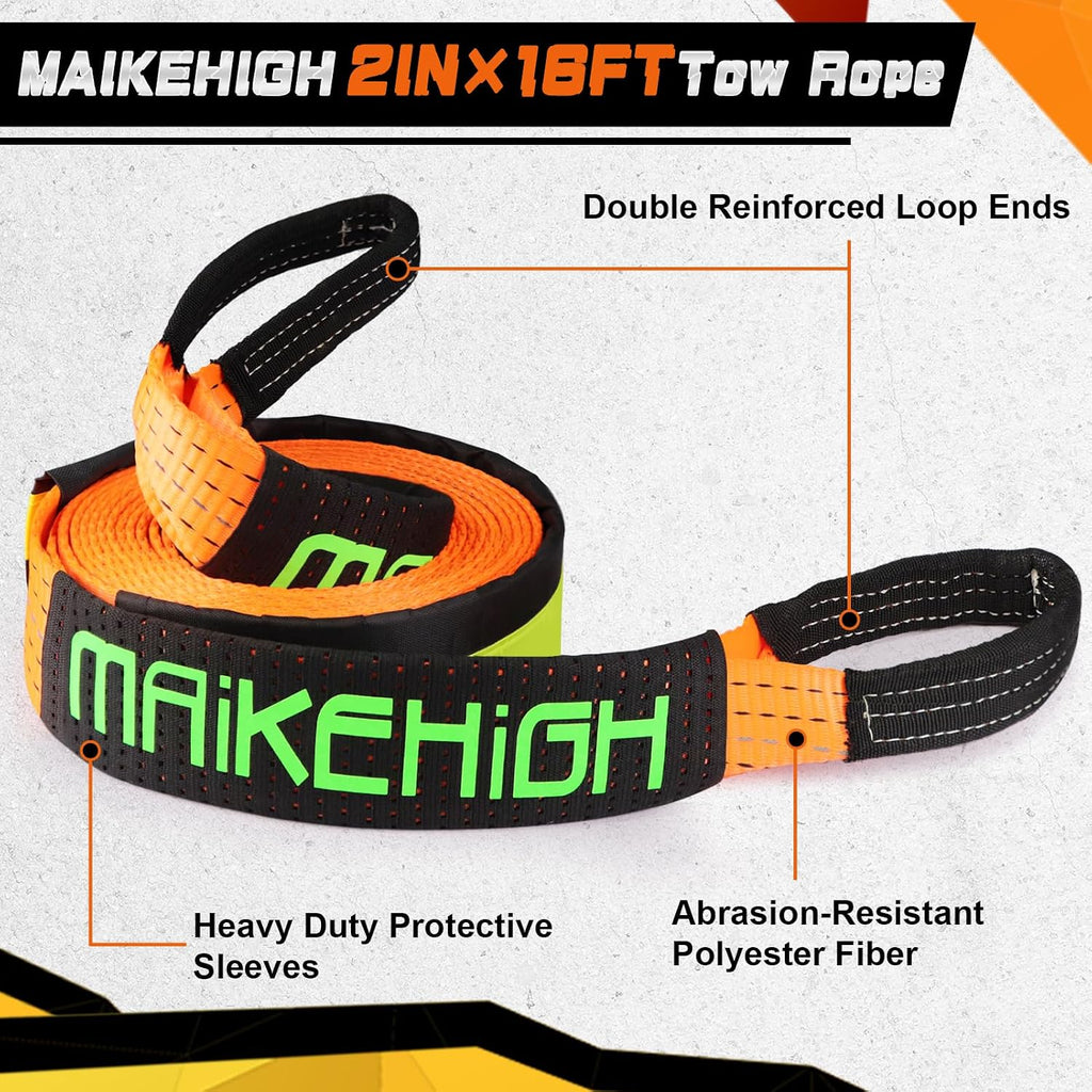 Tow Strap Heavy Duty with Hooks, 2"×16ft 22,000Lbs Tow Rope with D-Ring Shackles (2pcs) + Protective Gloves (2pcs)