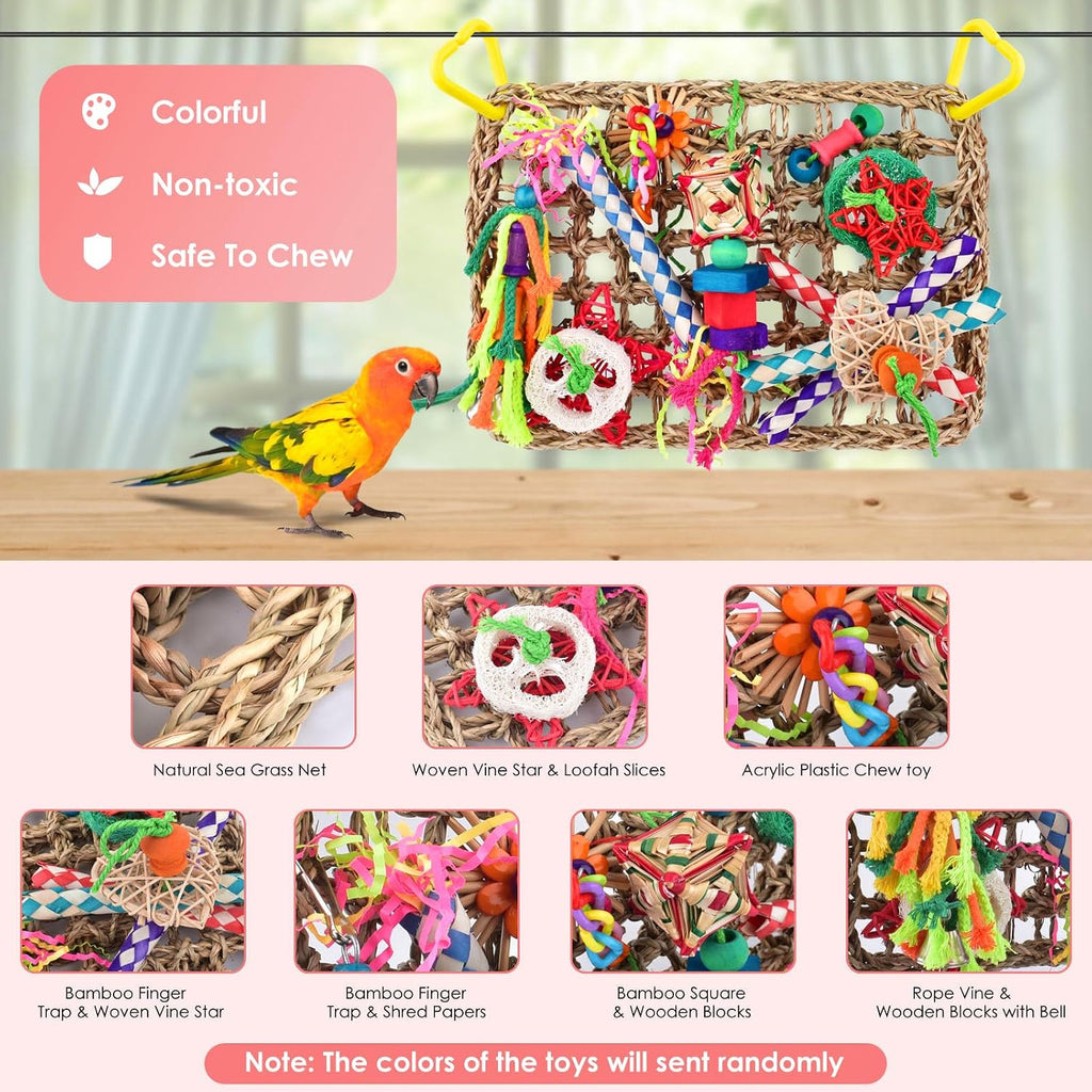 Bird Toys, Large Bird Foraging Wall Toy, Woven Climbing Hammock Mat | Natural Grass Mat, Edible Seagrass, Colorful