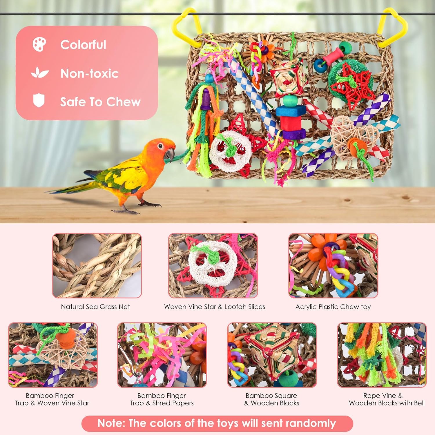 Bird Toys, Large Bird Foraging Wall Toy, Woven Climbing Hammock Mat | Natural Grass Mat, Edible Seagrass, Colorful