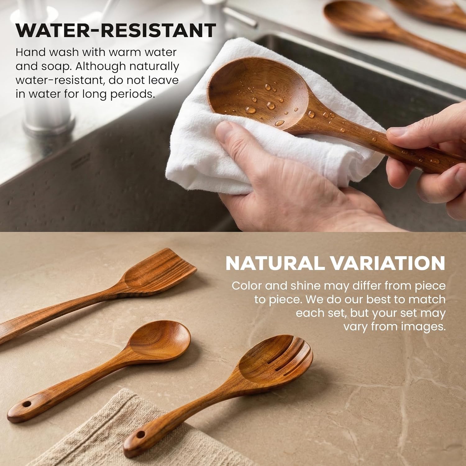 6 Piece Wooden Spoons for Cooking – Natural Teak Wooden Utensil Set, Easy to Clean, Durable, Smooth with Comfort Grip