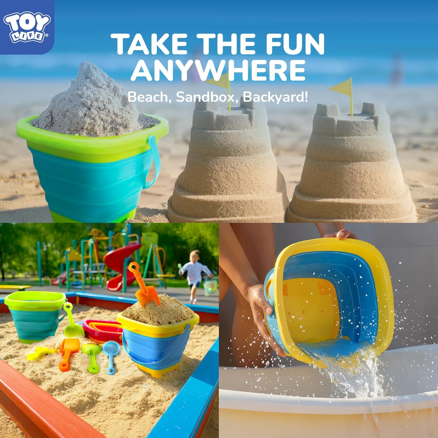 Collapsible Beach Sand Toy Set, Silicone Beach Bucket, Ages 3-8 | Packs flat into a beach bag so it always comes