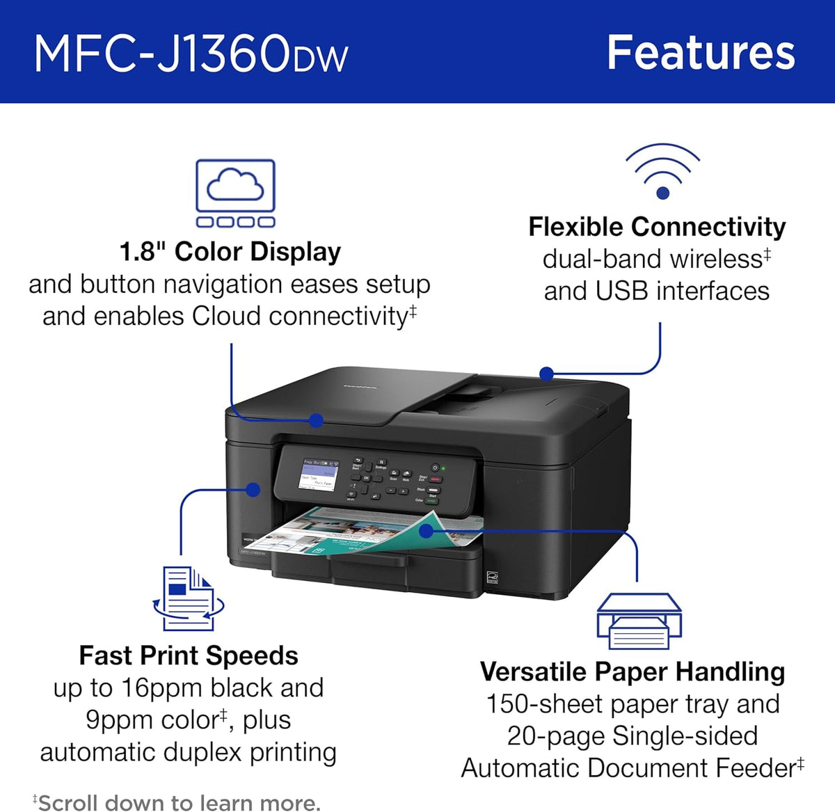 Work Smart 1360 Wireless Color Inkjet All-in-One Printer with Automatic Duplex Printing and 1.8” Color Display |