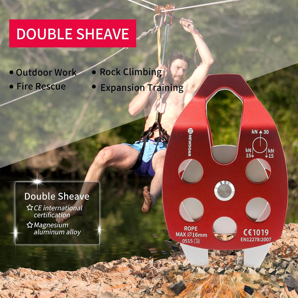 NewDoar CE Certified 30KN Large Rescue Single/Double Pulley with Swing Plate