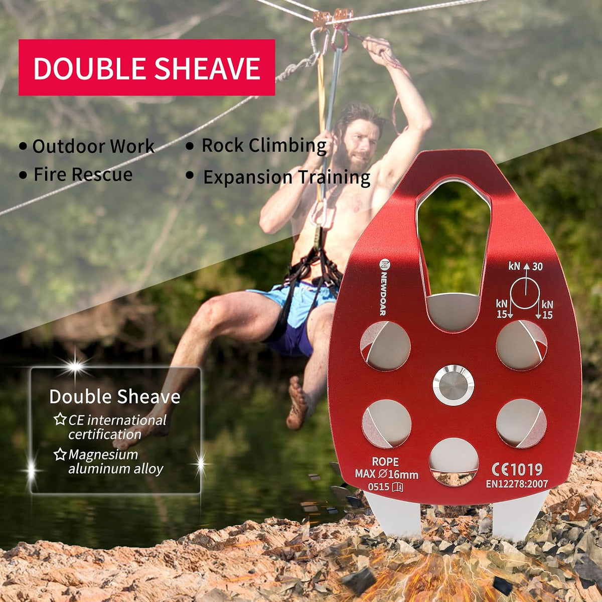 NewDoar CE Certified 30KN Large Rescue Single/Double Pulley with Swing Plate