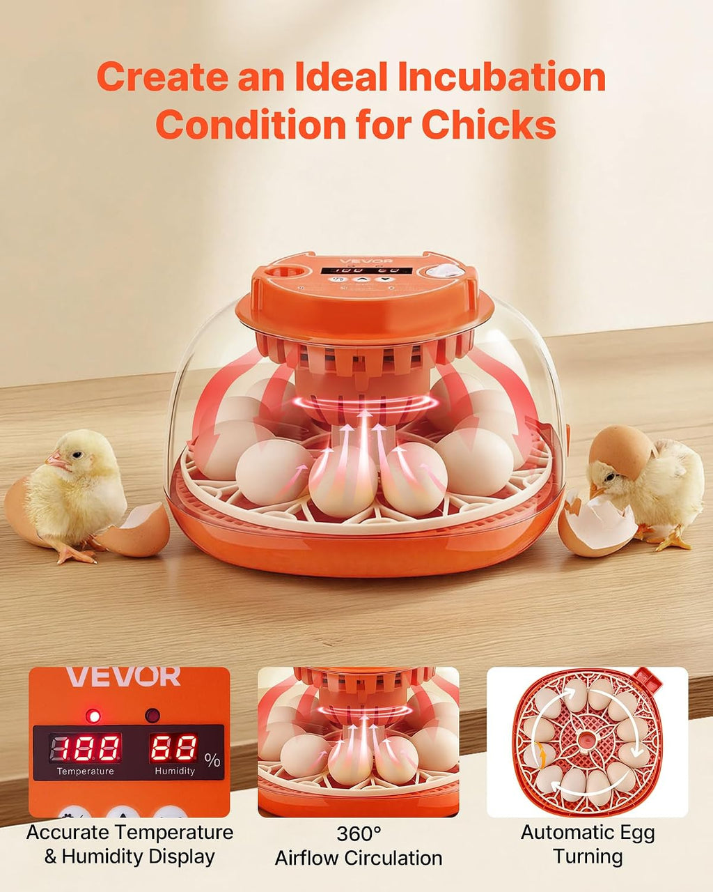 12 Egg Incubator, Automatic Egg Turner with LED Candler, Temperature & Humidity Control, 360° View Clear Window