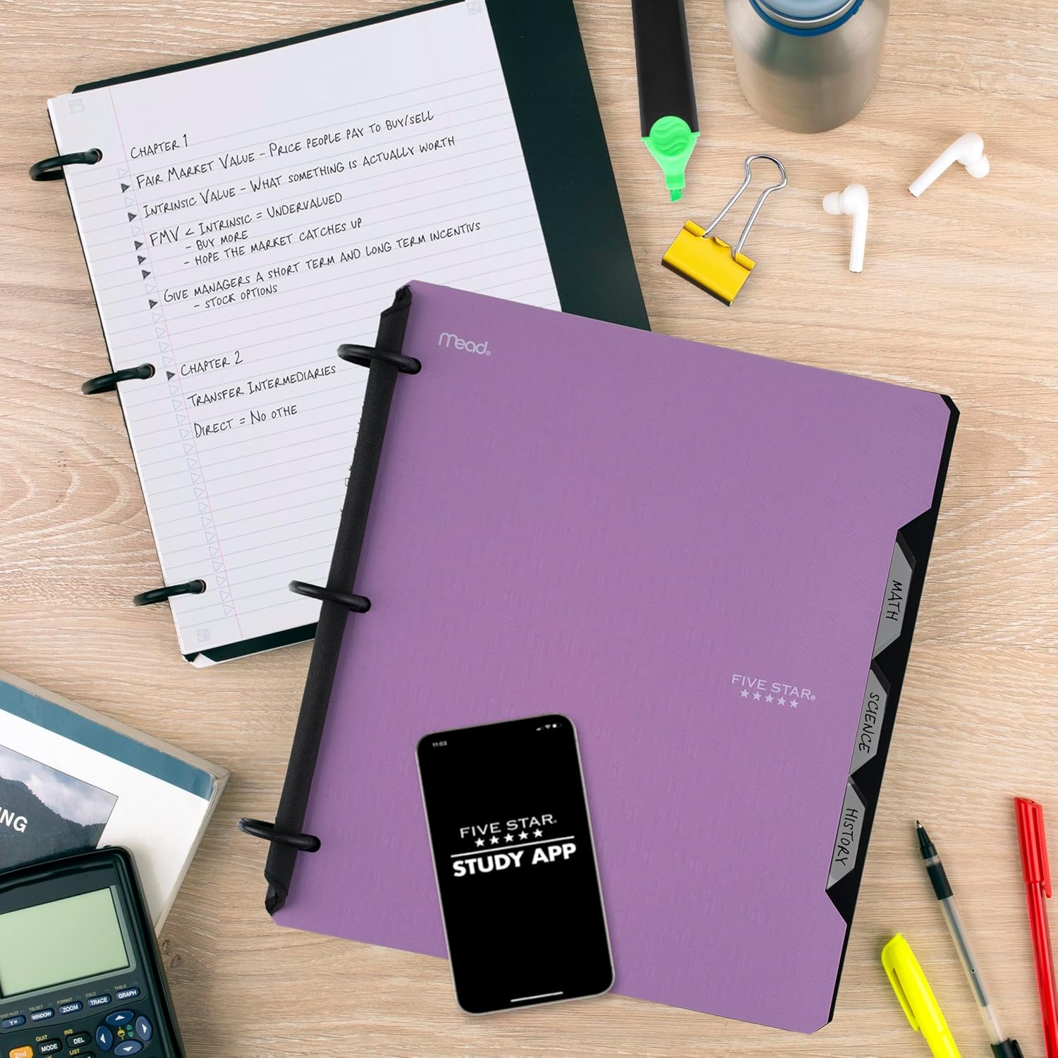Flex Refillable Notebook + Study App 1 Inch O-Rings Binder with Pockets Tabs and Dividers, 220 Sheet Capacity