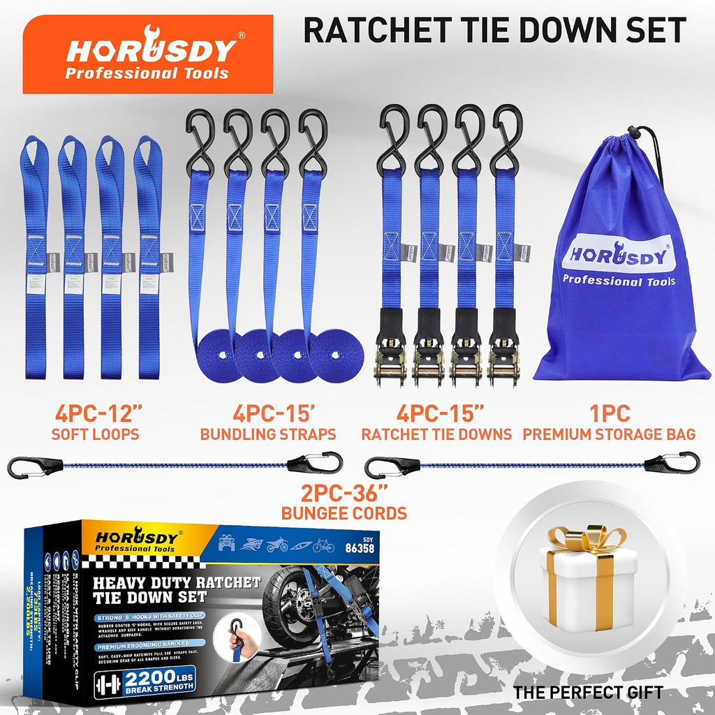 Ratchet Straps Heavy Duty, Tie Down Straps Ratchet Set, 2200 LB Break Strength, Safety Lock S Hooks, Best for Moving