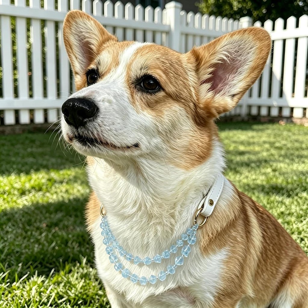 Aquamarine Beaded Decorative Pet Collar, 5mm Natural Light Blue Crystal Beads, Double-Layer Design, Soft PU Leather