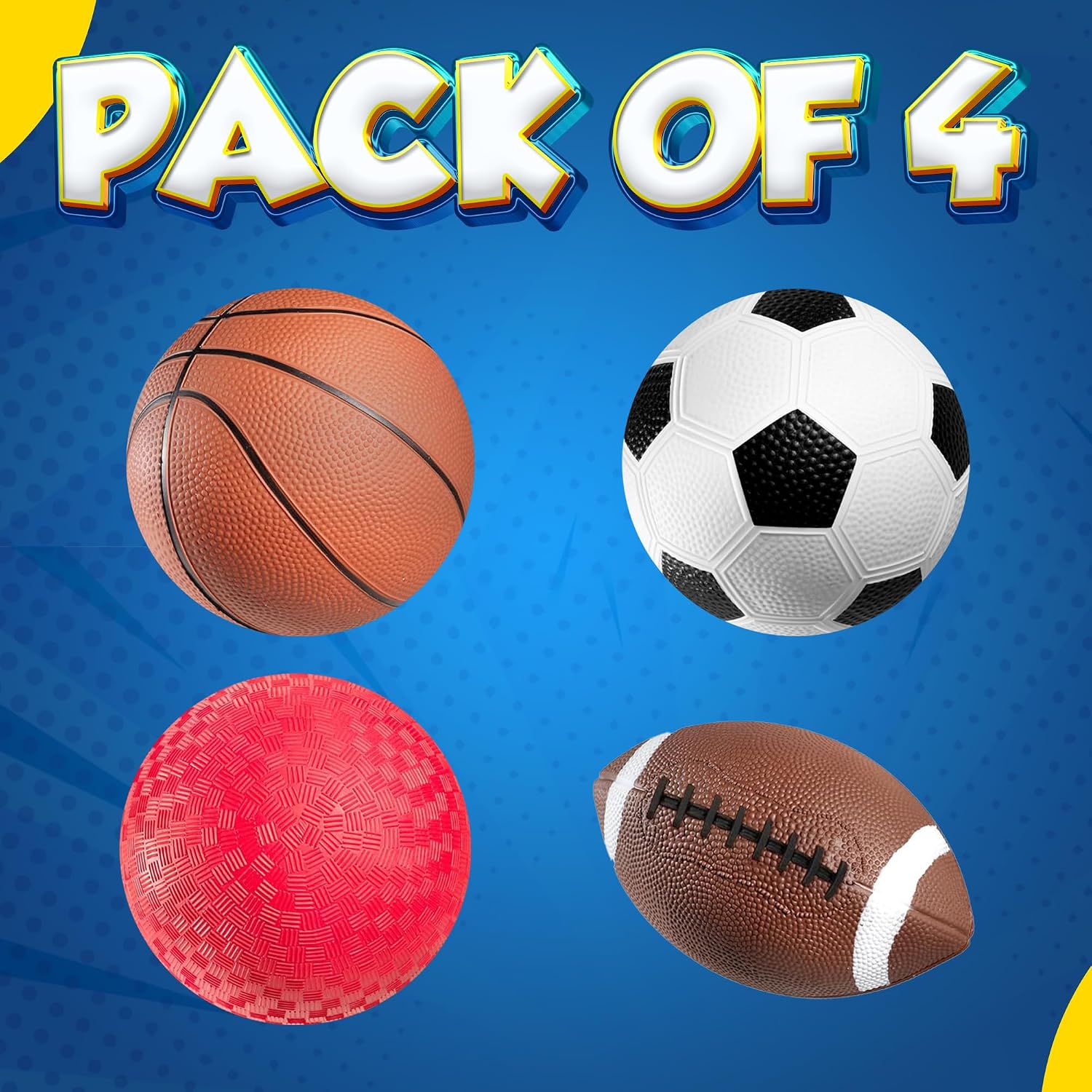 Sports Balls for Kids & Toddlers - (Pack of 4) 5-inch Sports Set Includes Football, Small Size Soccer, Basketball