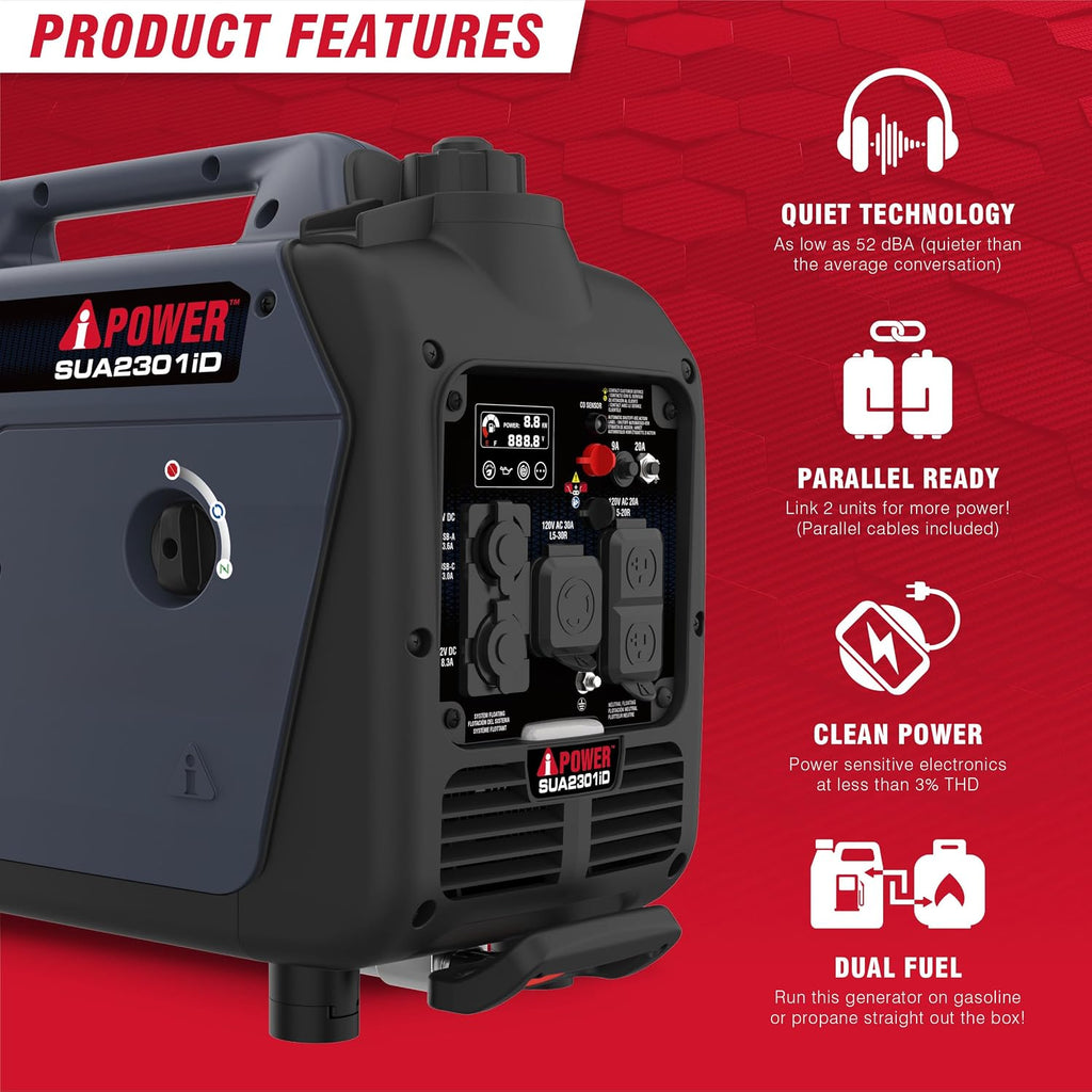 2300-Watt Portable Inverter Generator Dual Fuel, RV Ready, CARB Compliant CO Sensor, Light Weight With Telescopic
