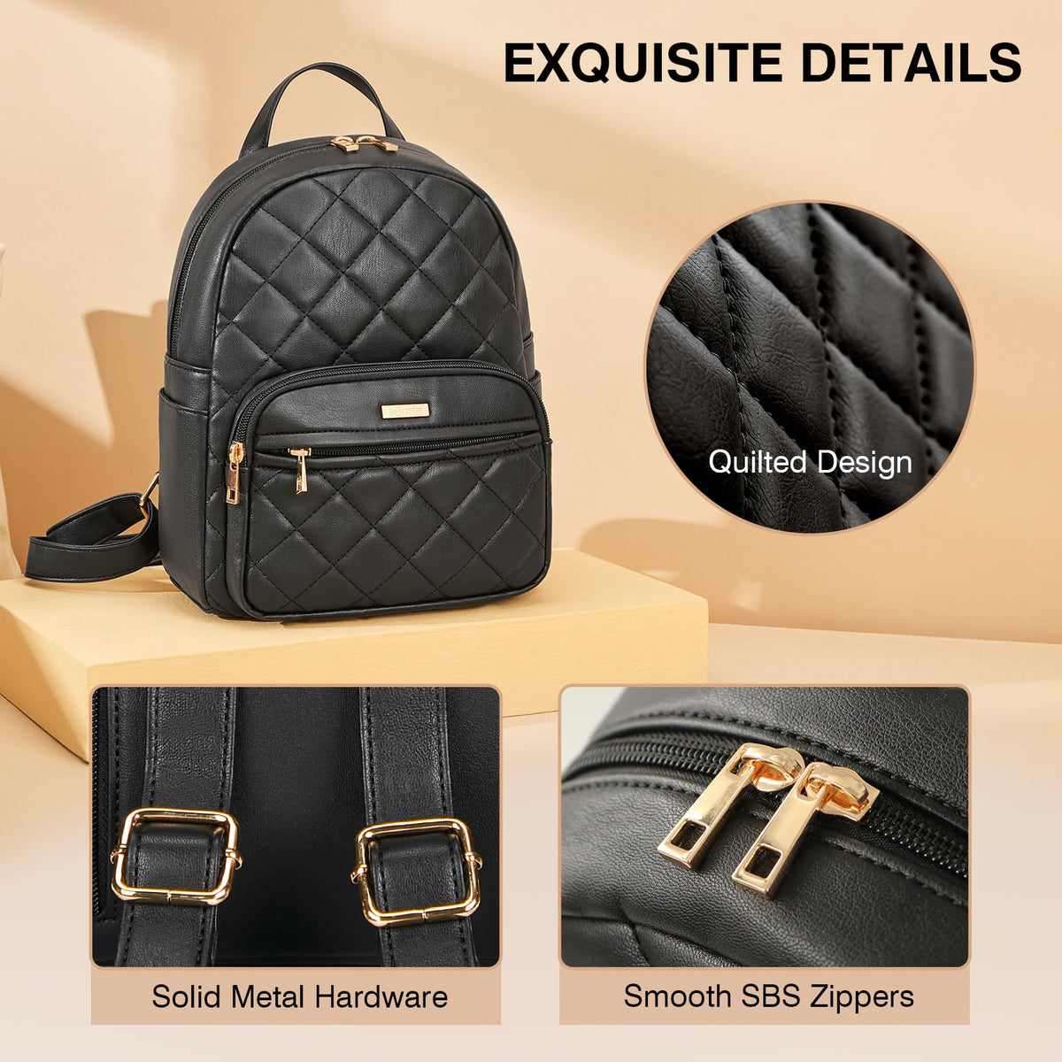 Mini Backpack Vegan Leather Small Backpack, Black