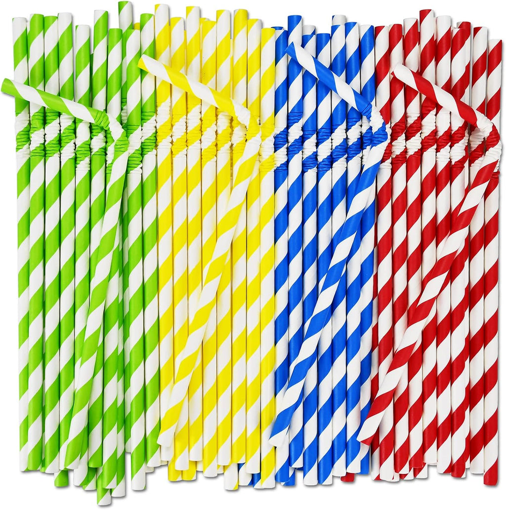 Flexible Paper Drinking Straws, 250 Count, 7.75" Long, 0.24" diameter - 100% Biodegradable - Assorted Striped Colors