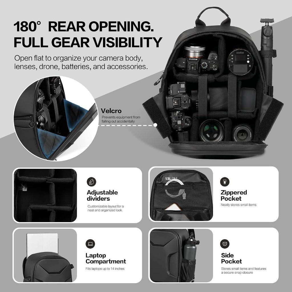 S1 Hard Shell Camera Backpack, 13L for DSLR Mirrorless | Hardshell,Side Opening Pockets, Laptop Compartment and