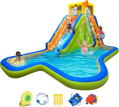 6 in 1 Inflatable Water Slide Bounce House, 15.3x9.5x7.9FT 300LBS Weight Limit, Wet Dry Outdoor Water Park with