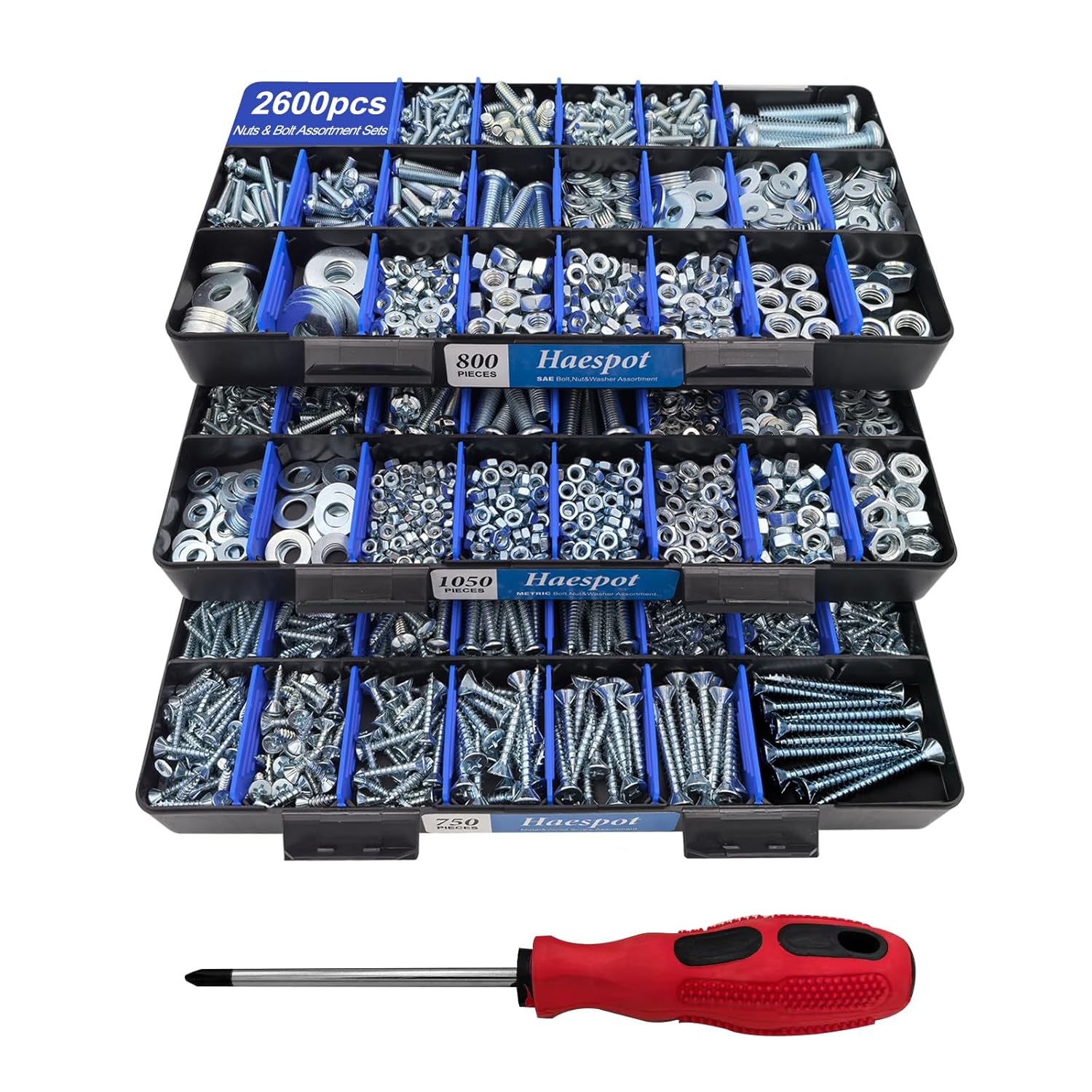2600 Piece Bolt and Nut Hardware Assortment Kit with Diverse Bolts, Screws, Washers & Nuts–DIY-Friendly, 3-Tier