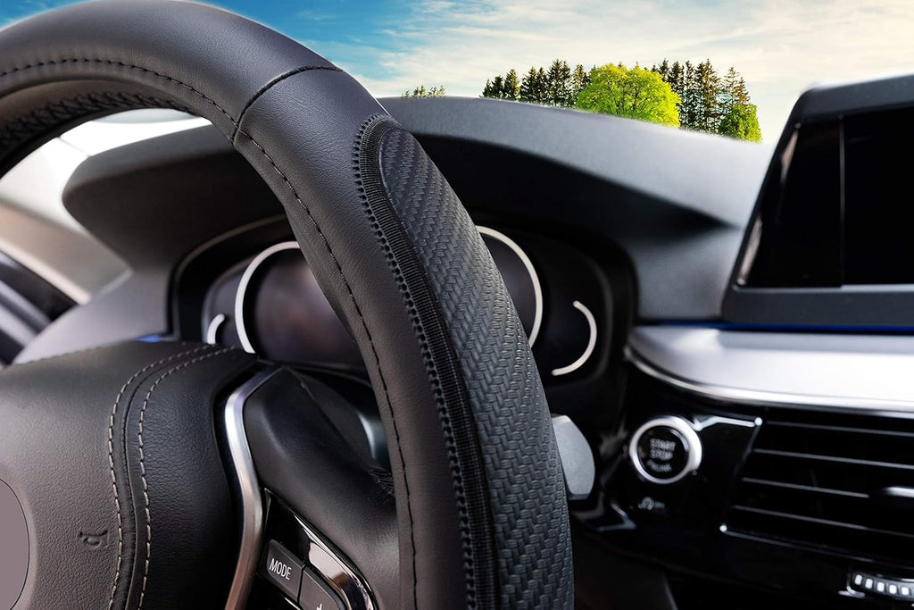 Microfiber Leather Steering Wheel Cover – Black. Heat Resistant Anti-Slip Car Wheel Wrap - Compatible with Most Makes