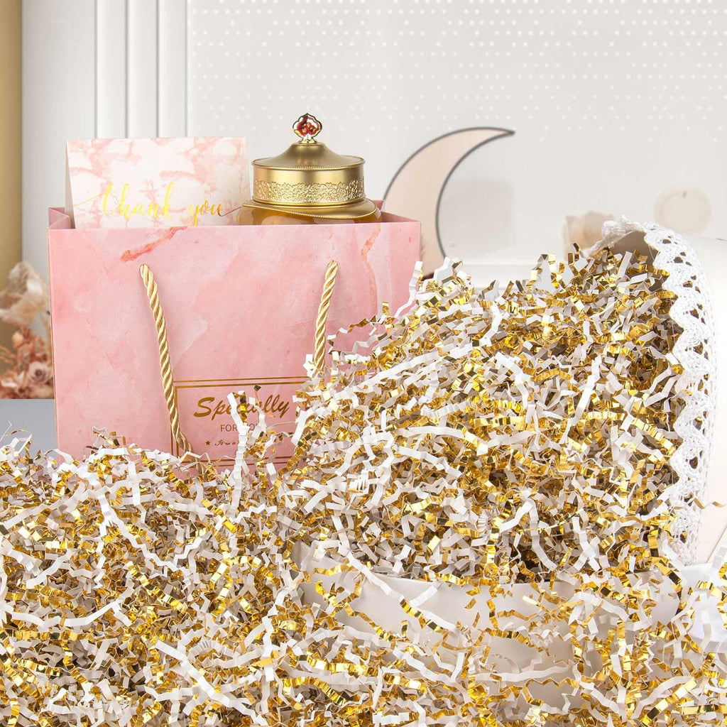 8.5oz Crinkle Paper Filler for Gift Baskets Gift Boxes(White&Gold)