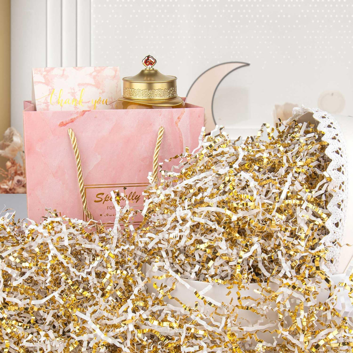 8.5oz Crinkle Paper Filler for Gift Baskets Gift Boxes(White&Gold)