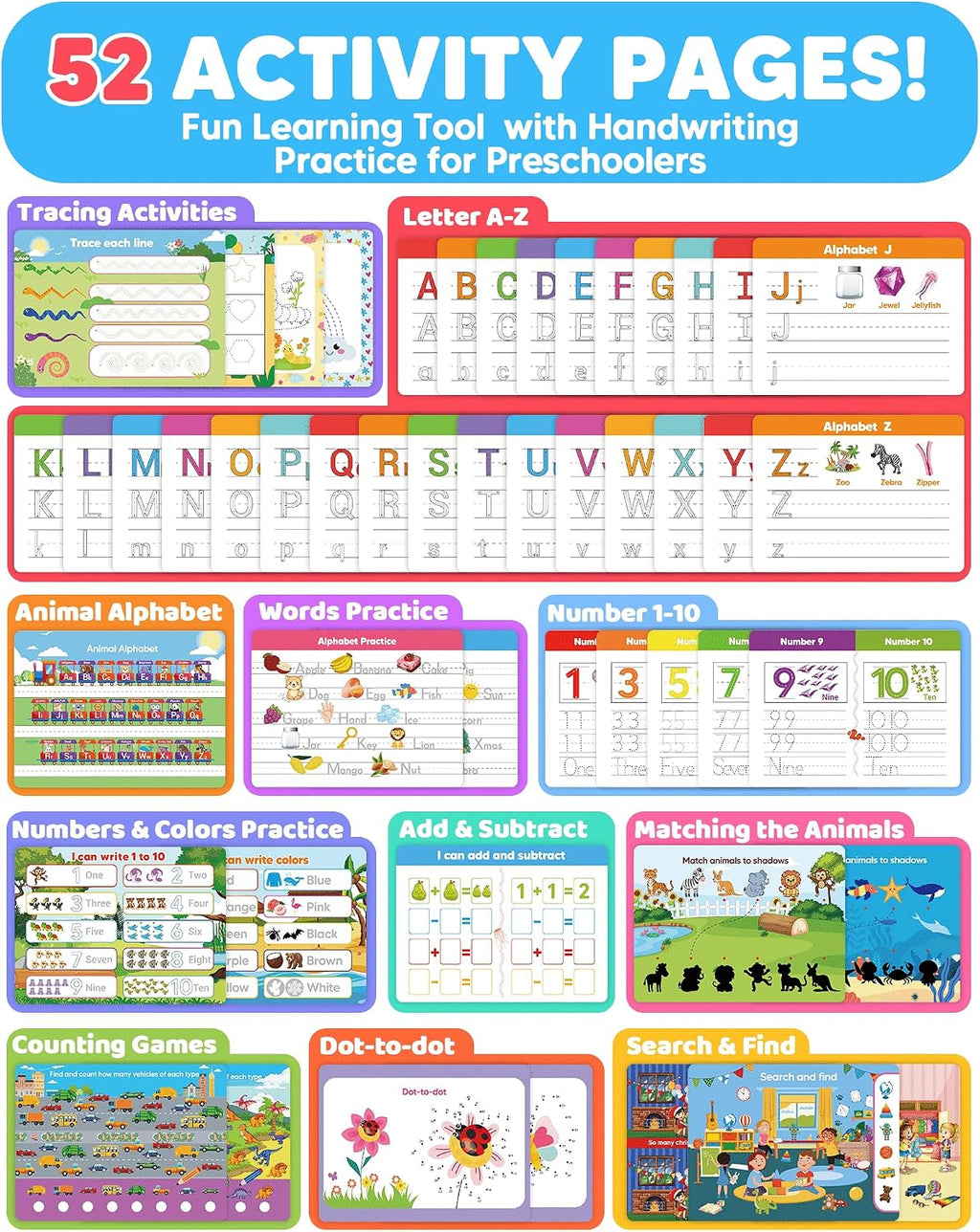 Preschool Kindergarten Workbooks, Learning Toys for 3 4 5 Year Old Gifts | Number Letter Tracing, Coloring Activity