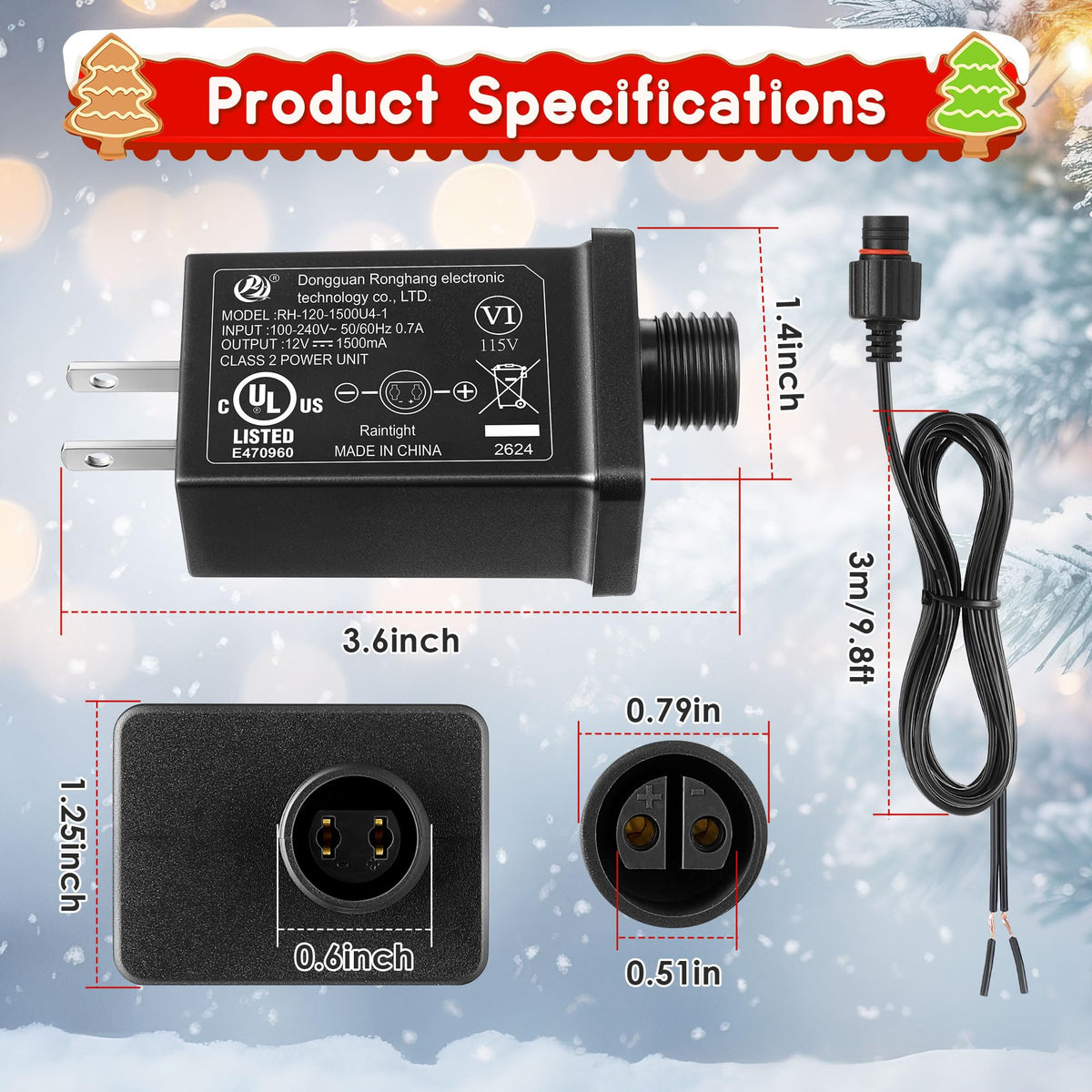 1 Pack 12V 1.5a Class 2 Power Supply Adapter with 9.8FT Cord, Rainproof